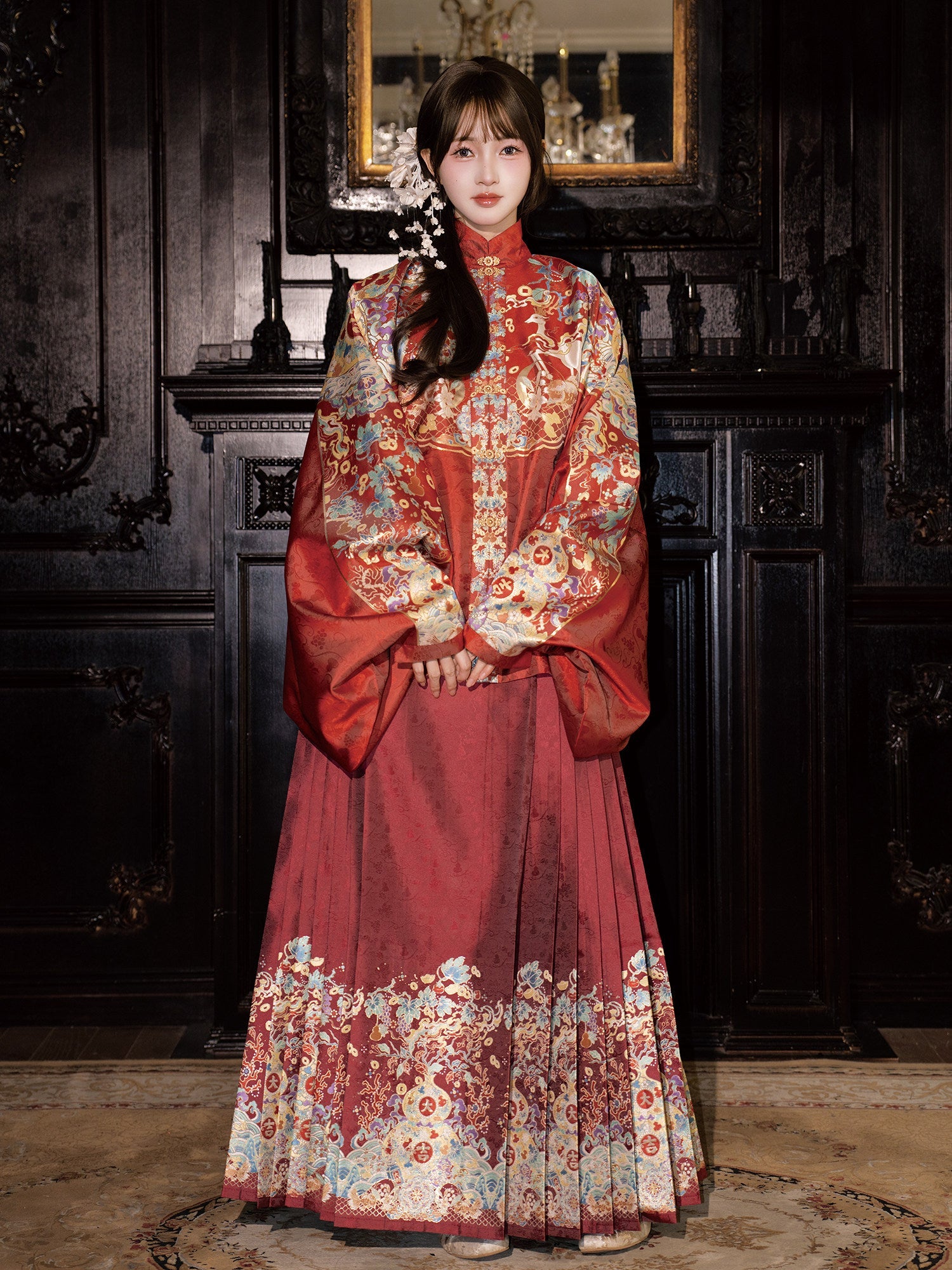 Ming Dynasty Wedding Hanfu Set with Pipa Sleeve Top & Mamian Skirt | Auspicious Fortune 福禄来宜