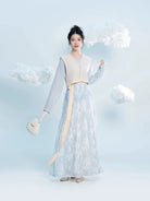 Tang Dynasty Modern Hanfu Set with Beizi Overlay & Pleated Wrap Skirt - Little Blue Flower 小蓝花 (Preorder)