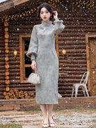 Long Sleeve Fur Trim Midi Qipao | Stardust