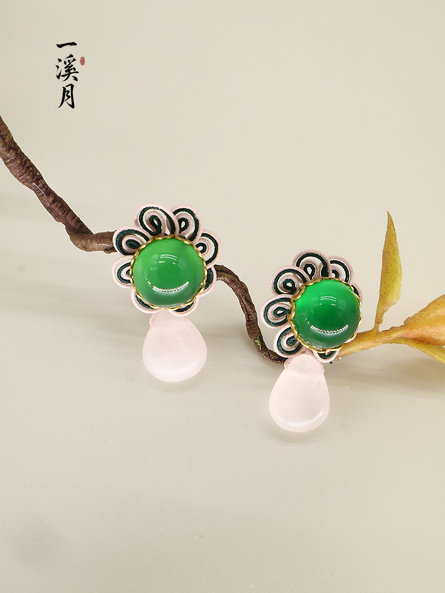 Chalcedony Green Velvet Flower Stud Earrings | Qipao Jewelry