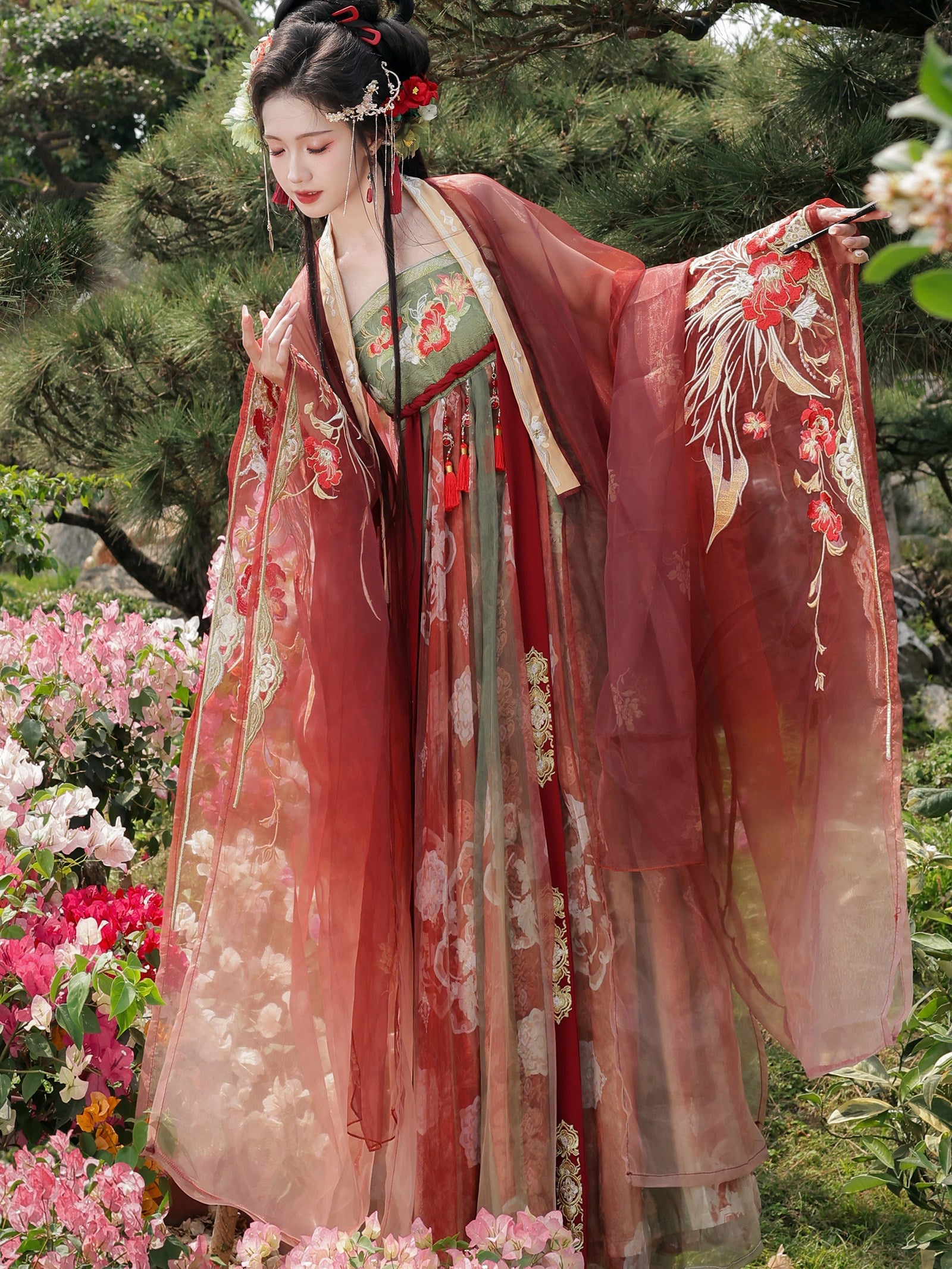 Zan Hong | Festive Red Hanfu Set with Embroidered Qixiong Dress and Wide Sleeve Cardigan