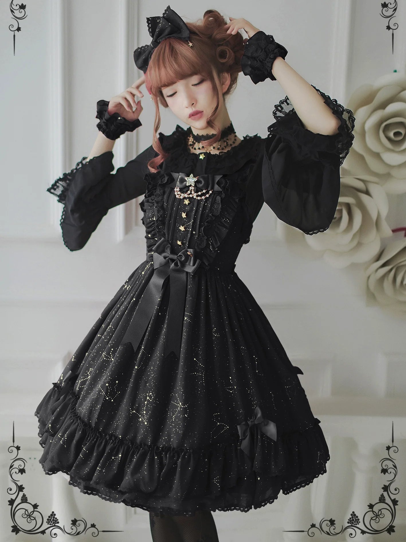 Whisper of Stars - Elegant Lolita Black JSK Dress, Constellation Foil Printing