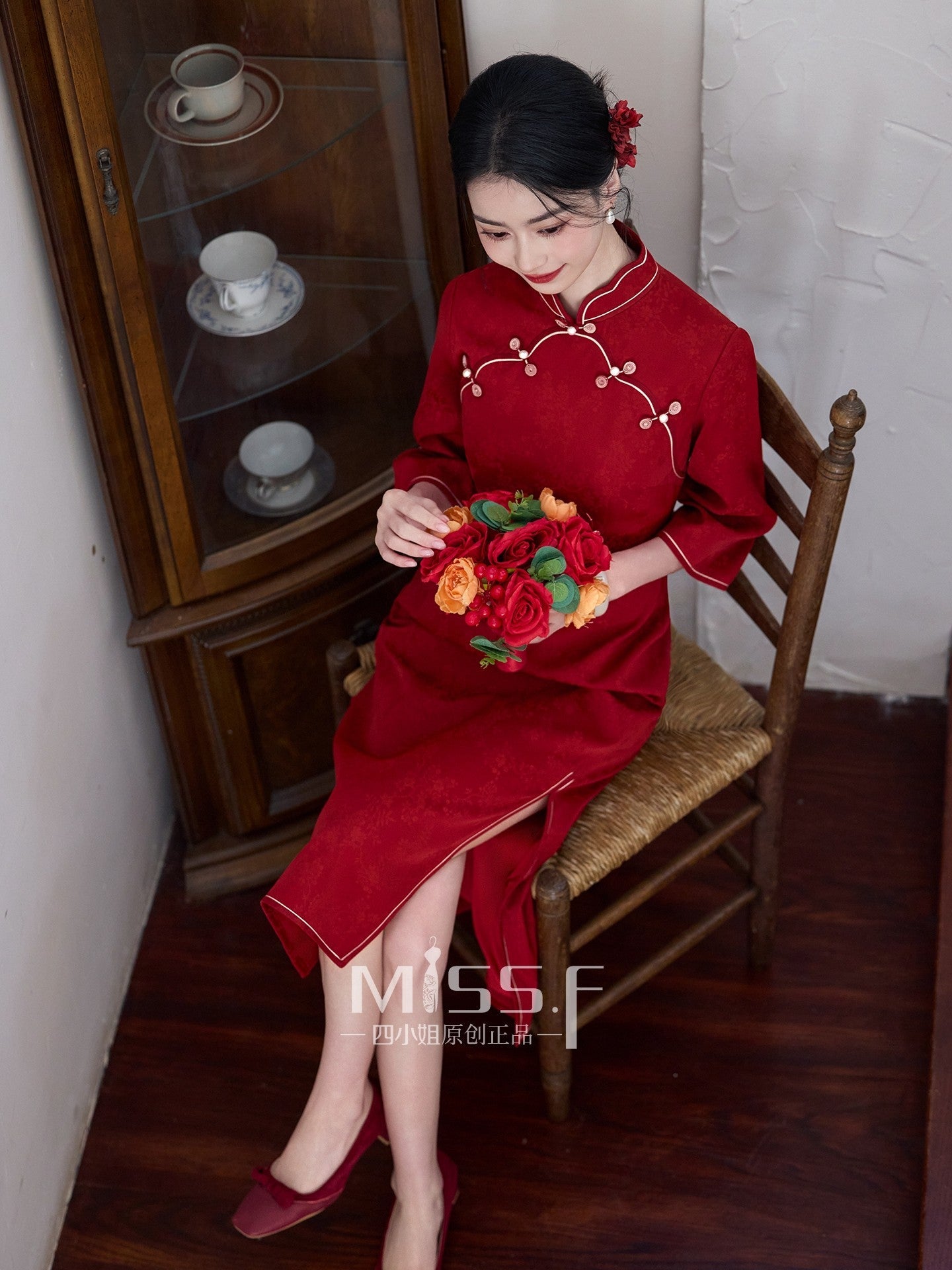 Chinese Wedding Engagement & Tea Ceremony Mid Sleeve Cheongsam | Jinse