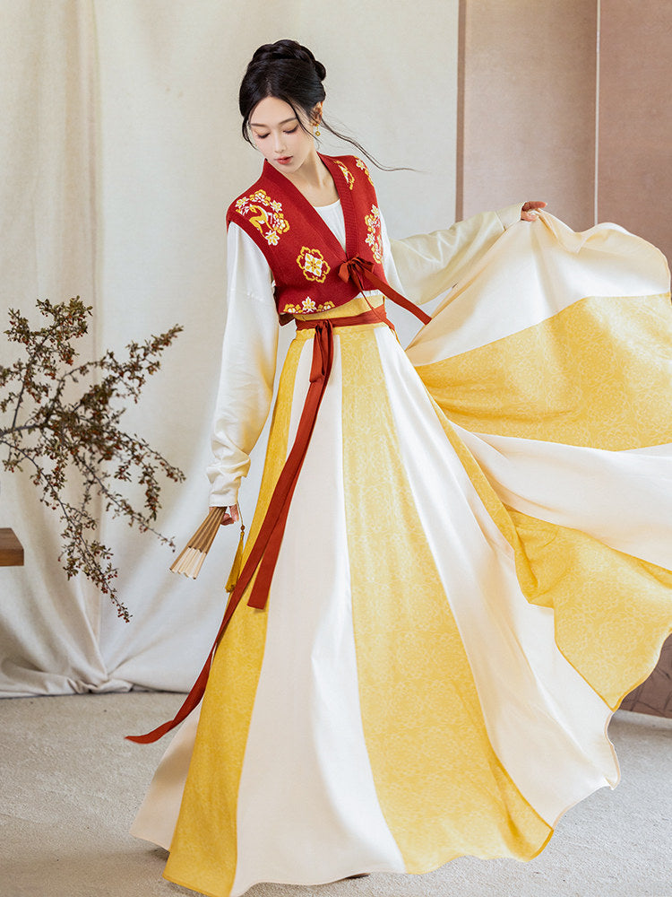 Tang Dynasty Modern Hanfu Beizi Vest and Twelve Panel Wrap Skirt - Taiping 太平 (Preorder)