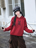 New Chinese Style Embroidery Red Cropped Hooded Sweater - Lucky Bat 福蝠