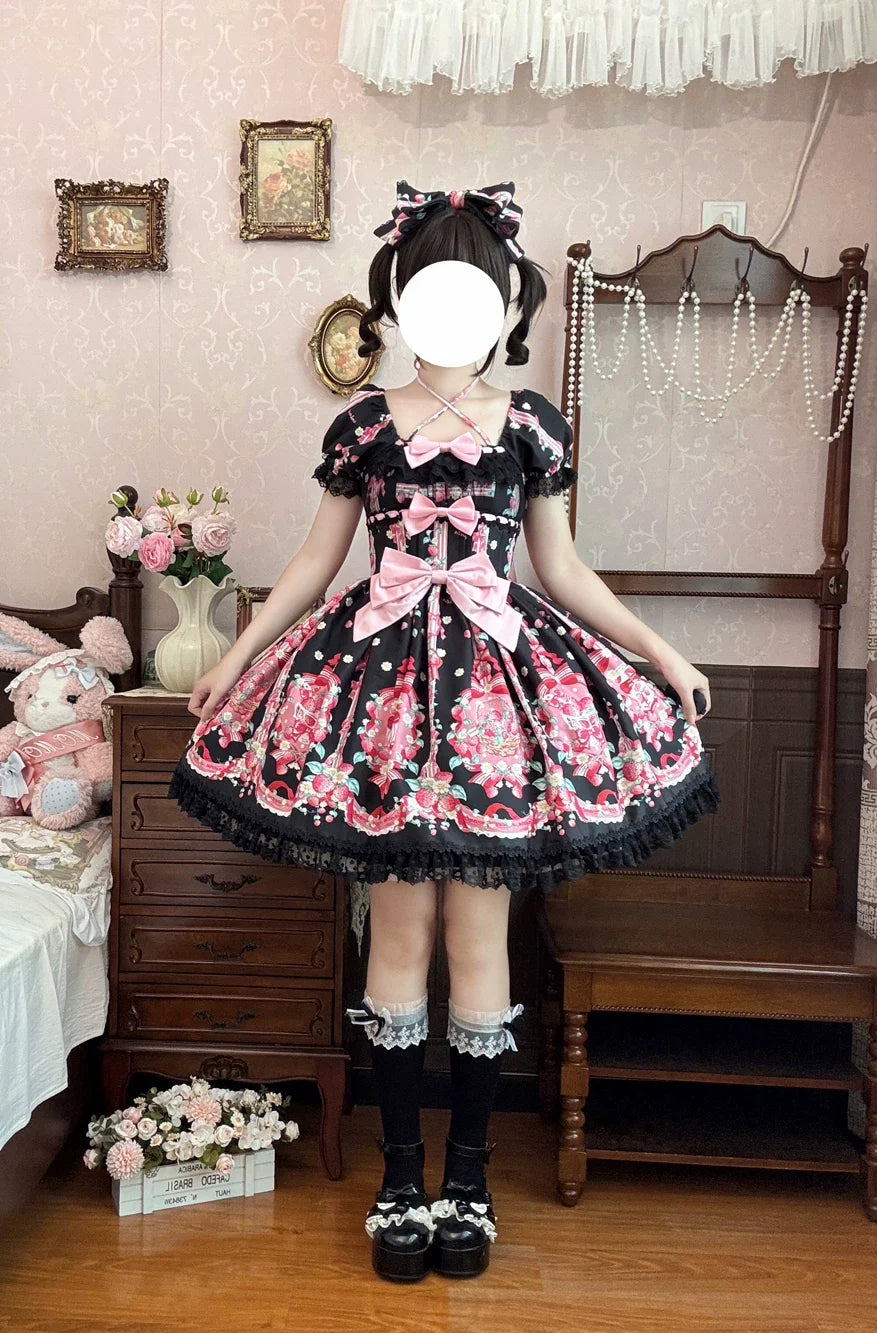 Strawberry Chef - Printed Old School Lolita Dress, Detachable Bows