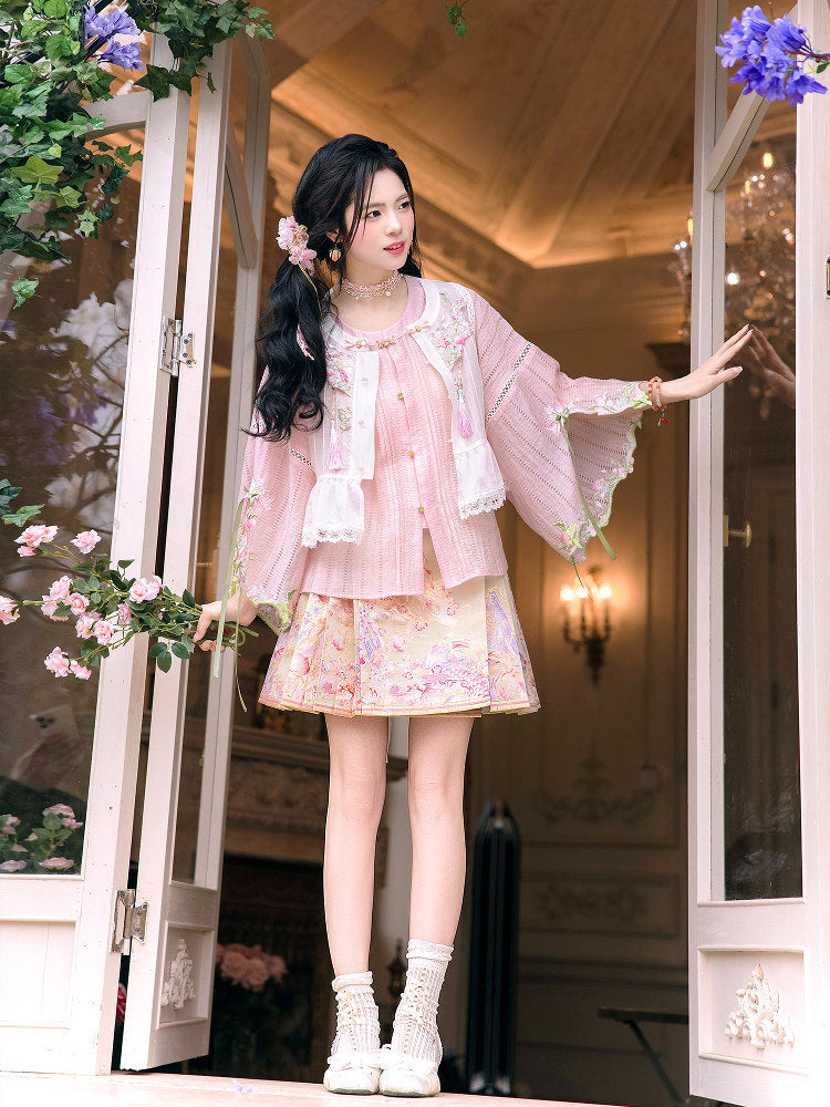 Ming Dynasty Modern Hanfu Half Sleeve Top and Mini Mamianqun - Peach Fragrance 梦桃香
