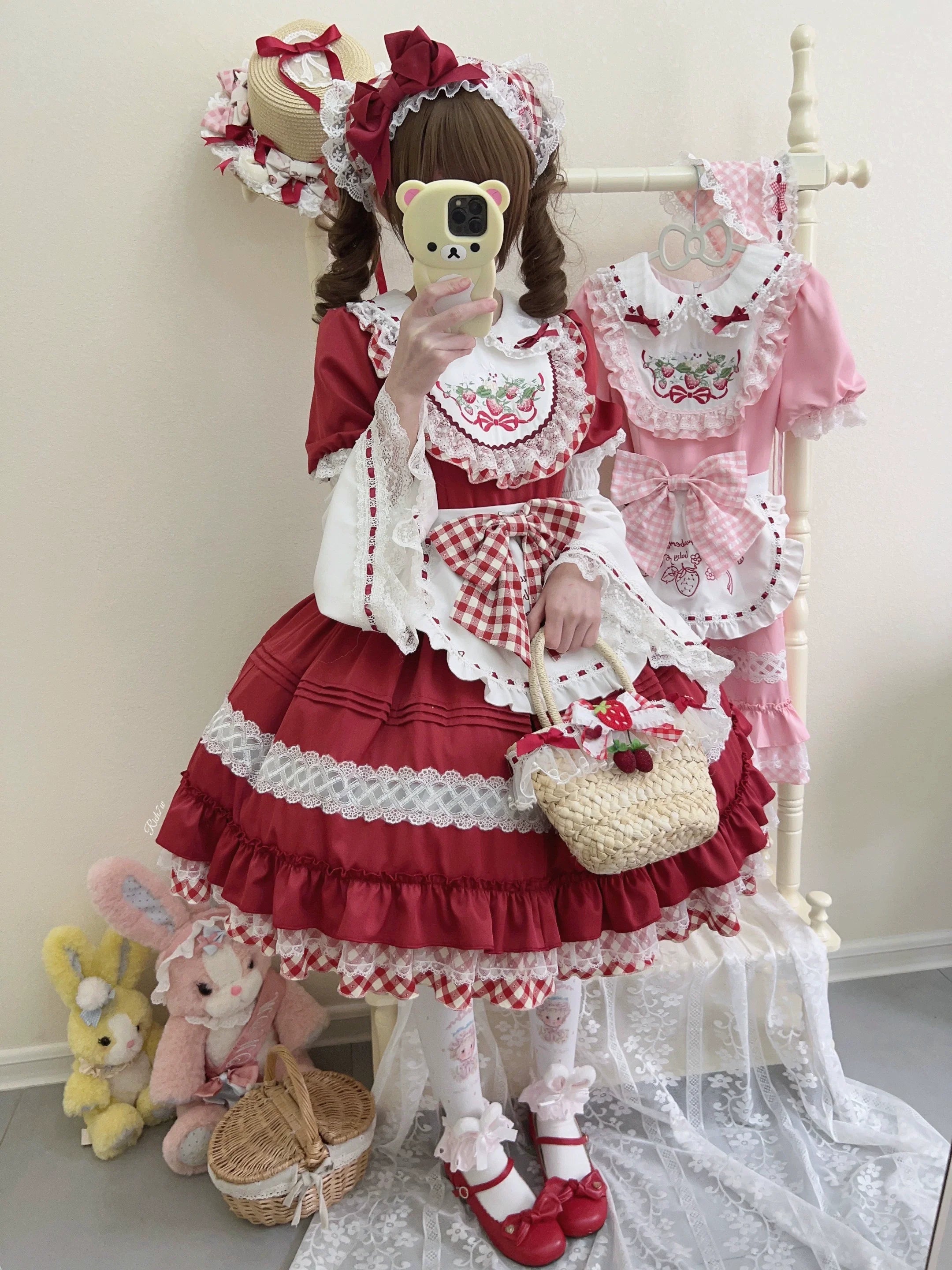 Strawberry Tea - Sweet Red Lolita OP Dress Short Sleeve Apron Dress