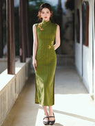 Sleeveless Olive Midi Cheongsam | Golden Leaves