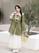 New Chinese Style Mid Length Jacket with Faux Fox Fur Collar - Matsuba Tea 松间茶 (Preorder)