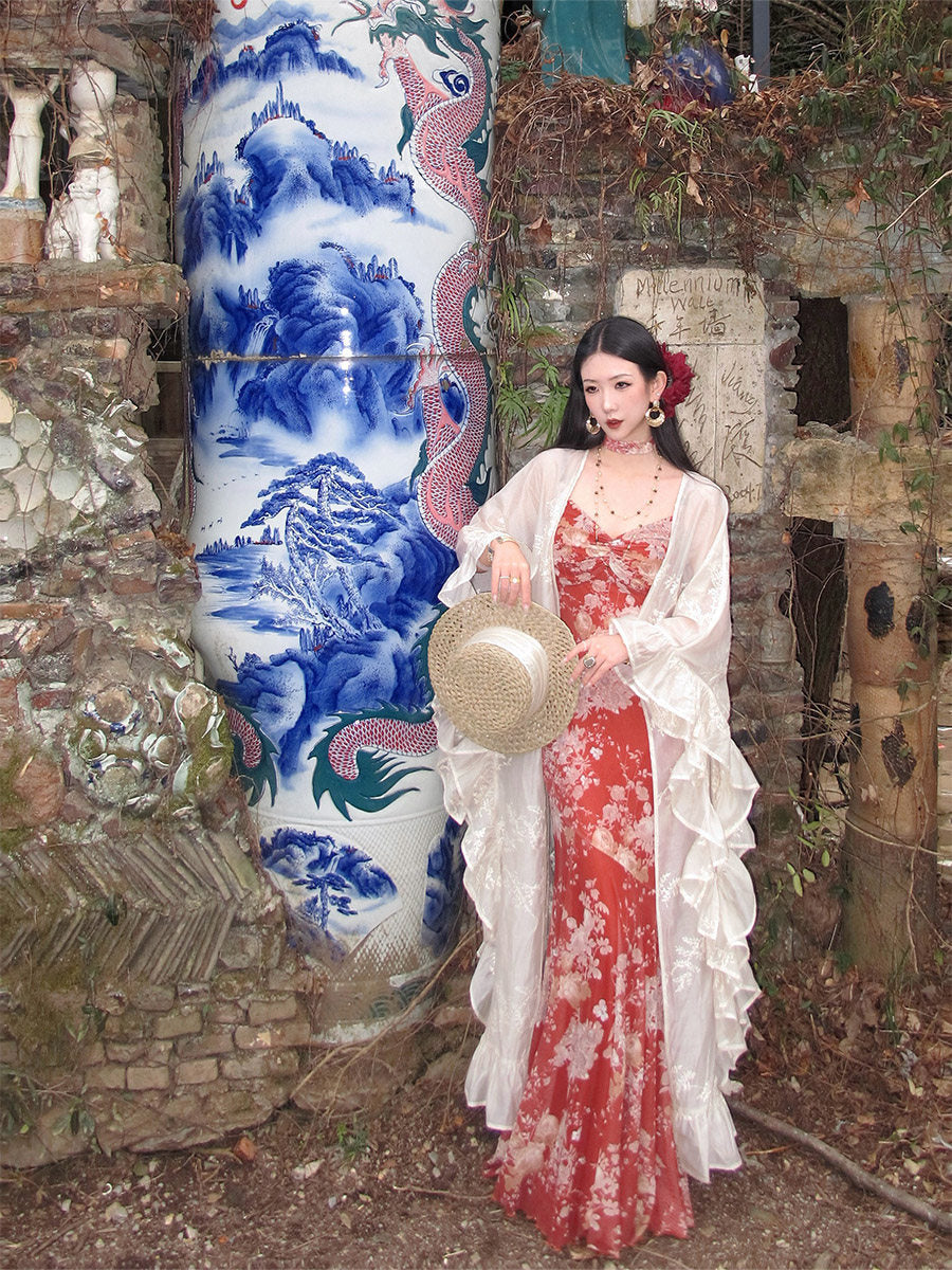 Tumi 荼靡 Bitter Herb New Chinese Style Summer Mermaid Floral Dress & Lace Cardigan Set