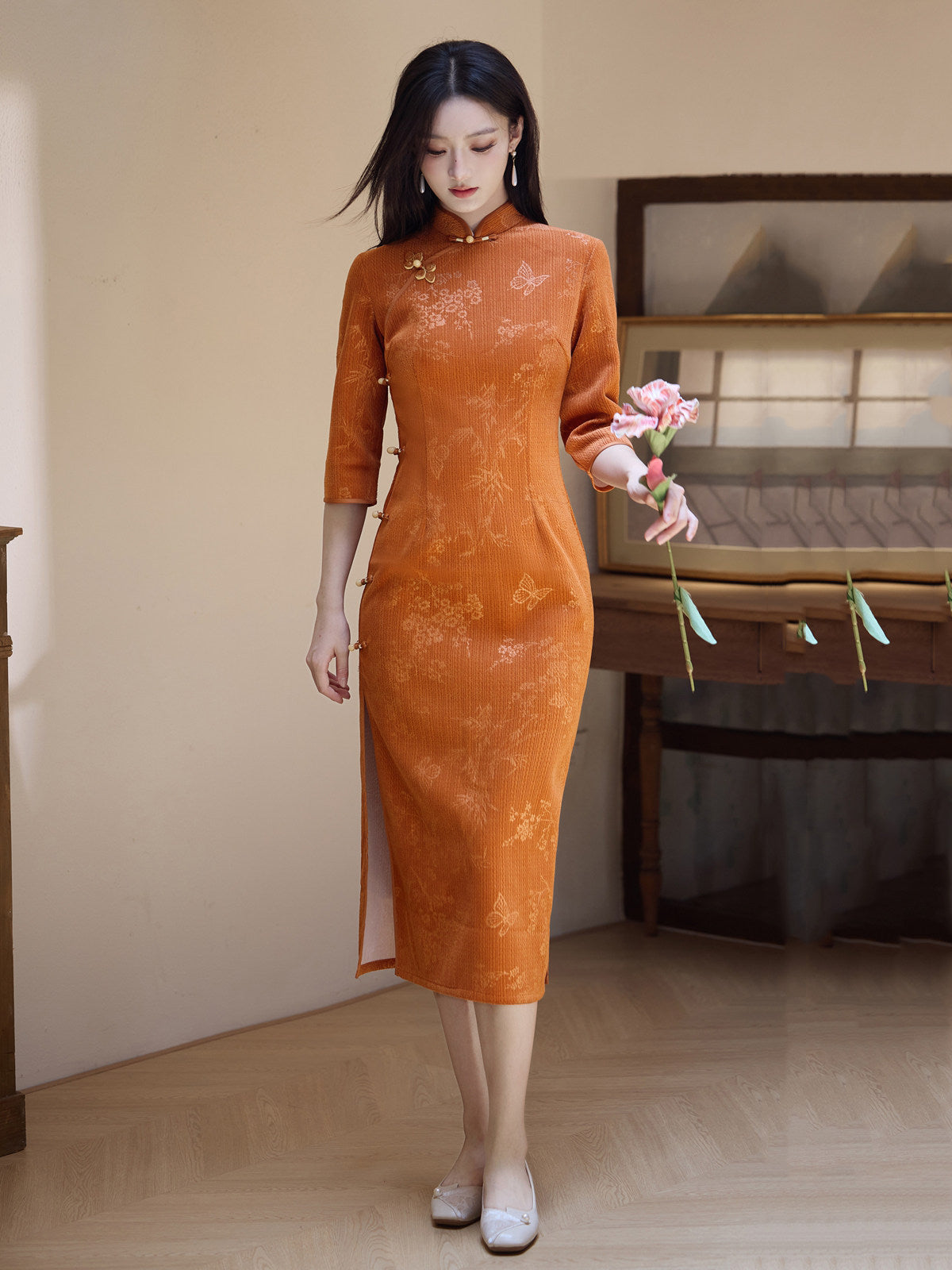 Mid Sleeve Floral Cheongsam | Evening Sun