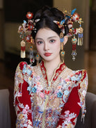 Unique Red and Blue Bloom - Bridal Hair Accessories Chinese Wedding Headpiece for Hanfu and Xiuhe Dress