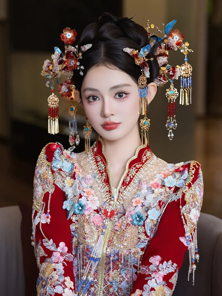 Unique Red and Blue Bloom - Bridal Hair Accessories Chinese Wedding Headpiece for Hanfu and Xiuhe Dress