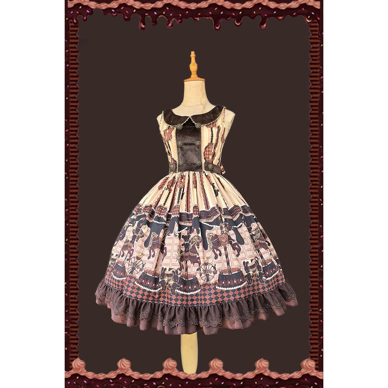 Chocolate Carousel - Peter Pan Collar Old School Lolita JSK Dress, Carousel Print