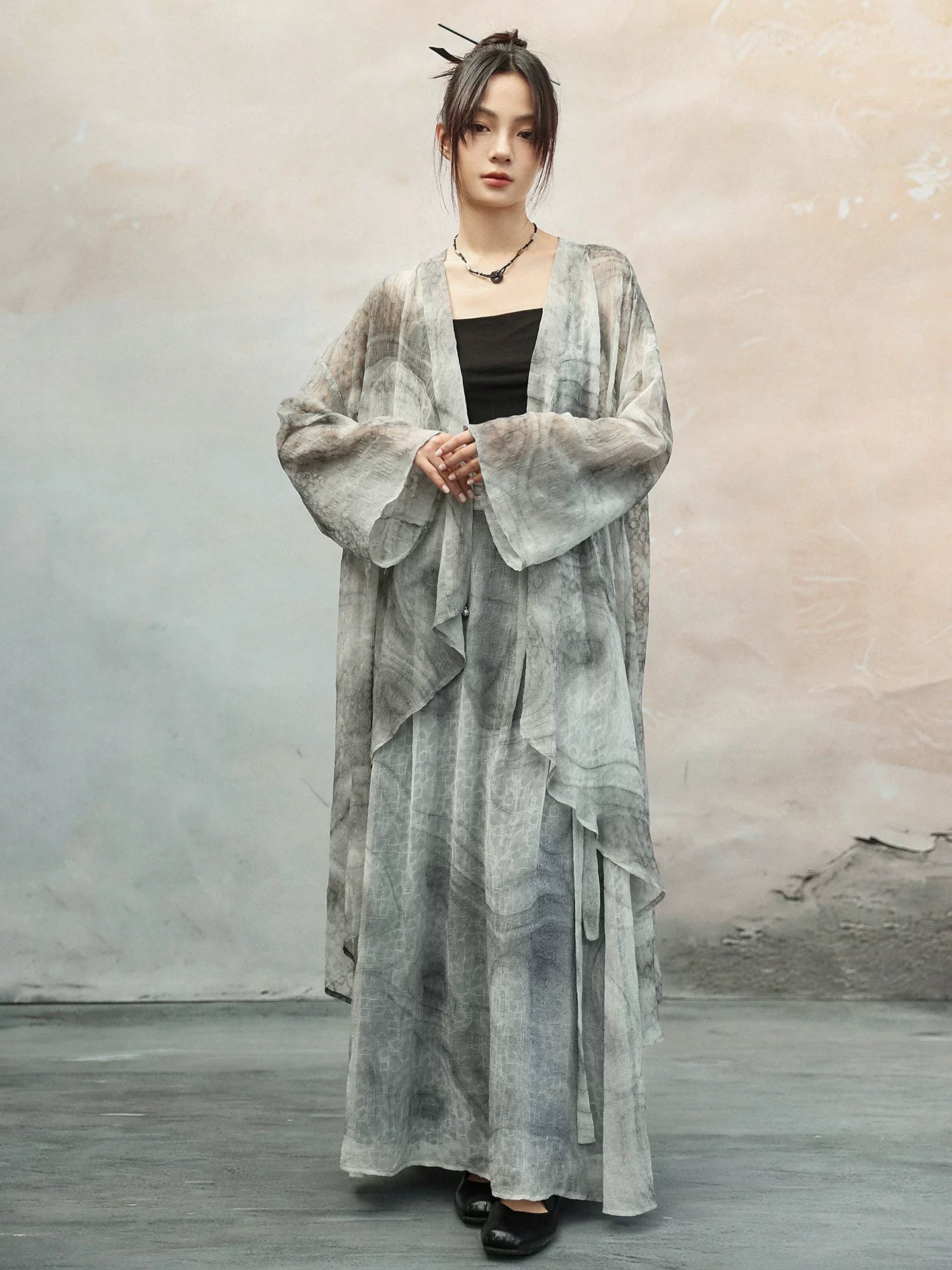 New Chinese Style Light and Breathable Graphite Texture Print Long Cardigan