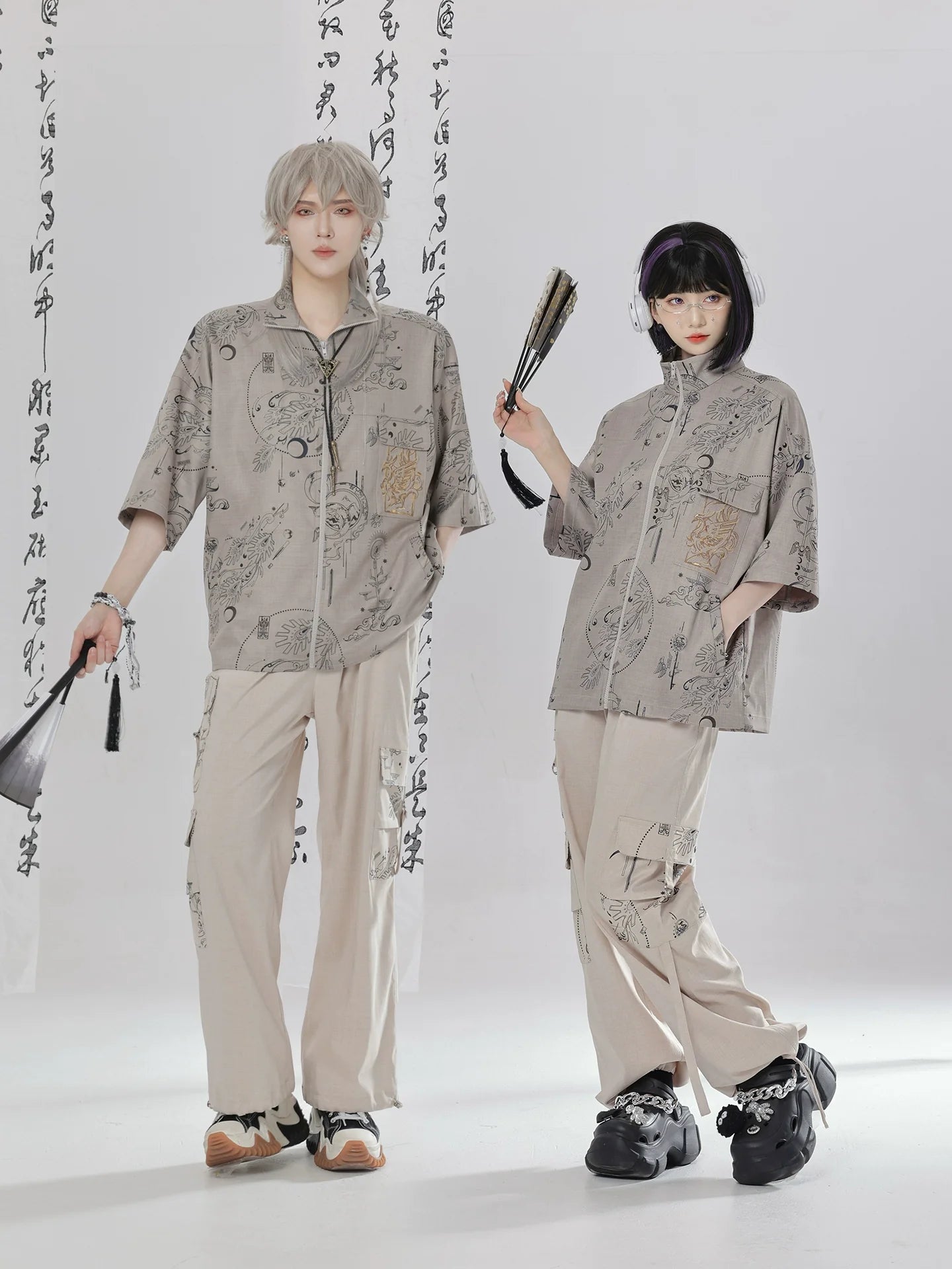 Sand Dunes - New Chinese Style Zipper Short Sleeve Shirt Overalls Cargo Pants