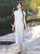 Short Sleeve Checkered Midi Cheongsam | Literature