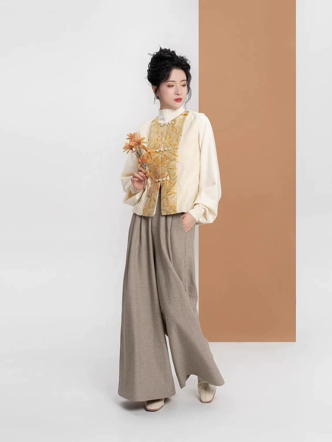 New Chinese Style Bamboo Motif Brocade Vest, Sweater & Tailored Wide Leg Pants - Golden Bamboo Branch 金枝竹 (Preorder)