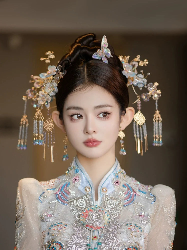 Frosted Orchid Glow - Blue Butterfly Bridal Hairpin Glass Flower Tassel Chinese Wedding Hair Accessories for Xiuhe Dress