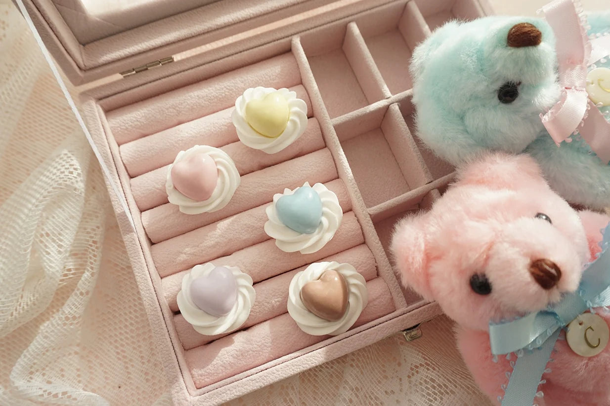 Cute Lolita Ring Handmade Clay Cream Heart Shape Adjustable Ring
