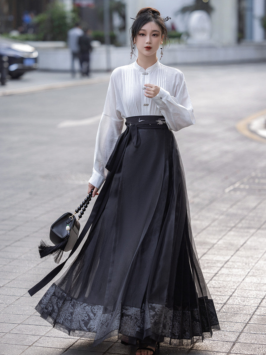 Chinese Long Sleeve Top & Sheer Mamian Skirt Outfit | Oriental Bone 东方骨