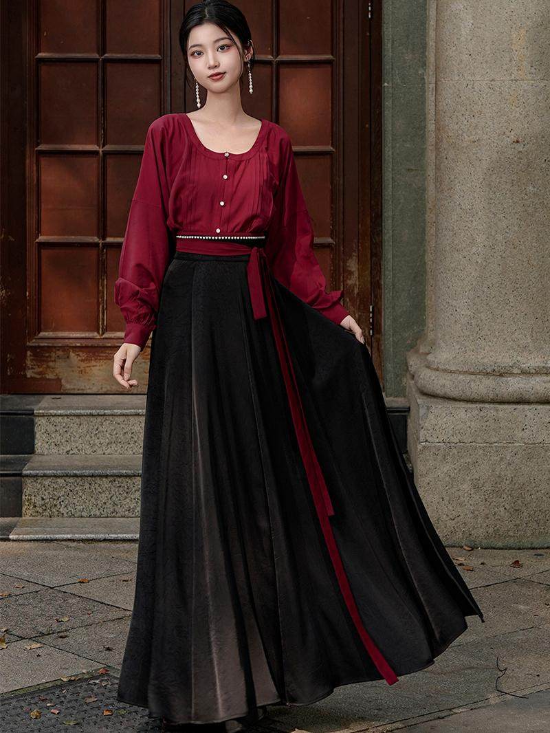 Tang Dynasty Modern Hanfu Sweetheart Collar Shirt and Wrap Skirt - Qiufen 秋分 (Preorder)