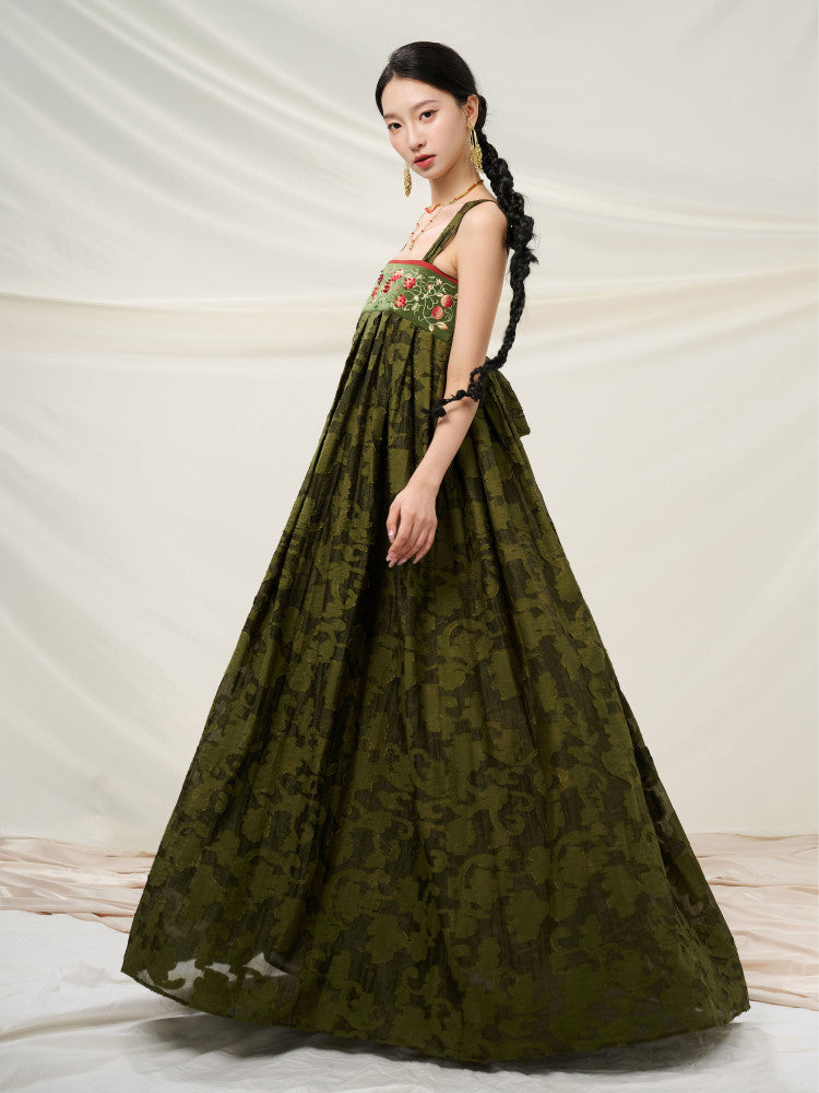 New Chinese Style Embroidered Summer Flower Dress - Forest Glow 挂绿