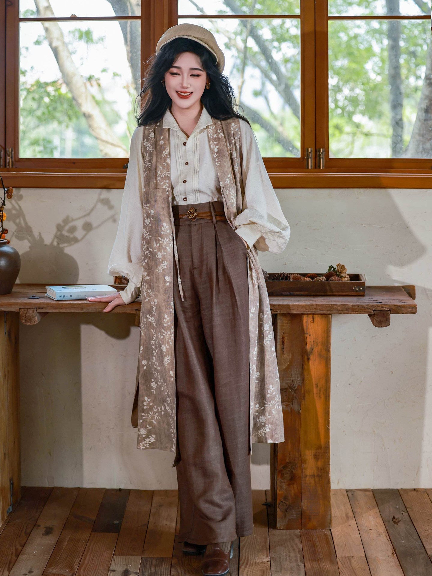 Chinese Sleeveless Robe with Cotton Linen Top & Wide Leg Pants | Southern French Holiday 南法假日