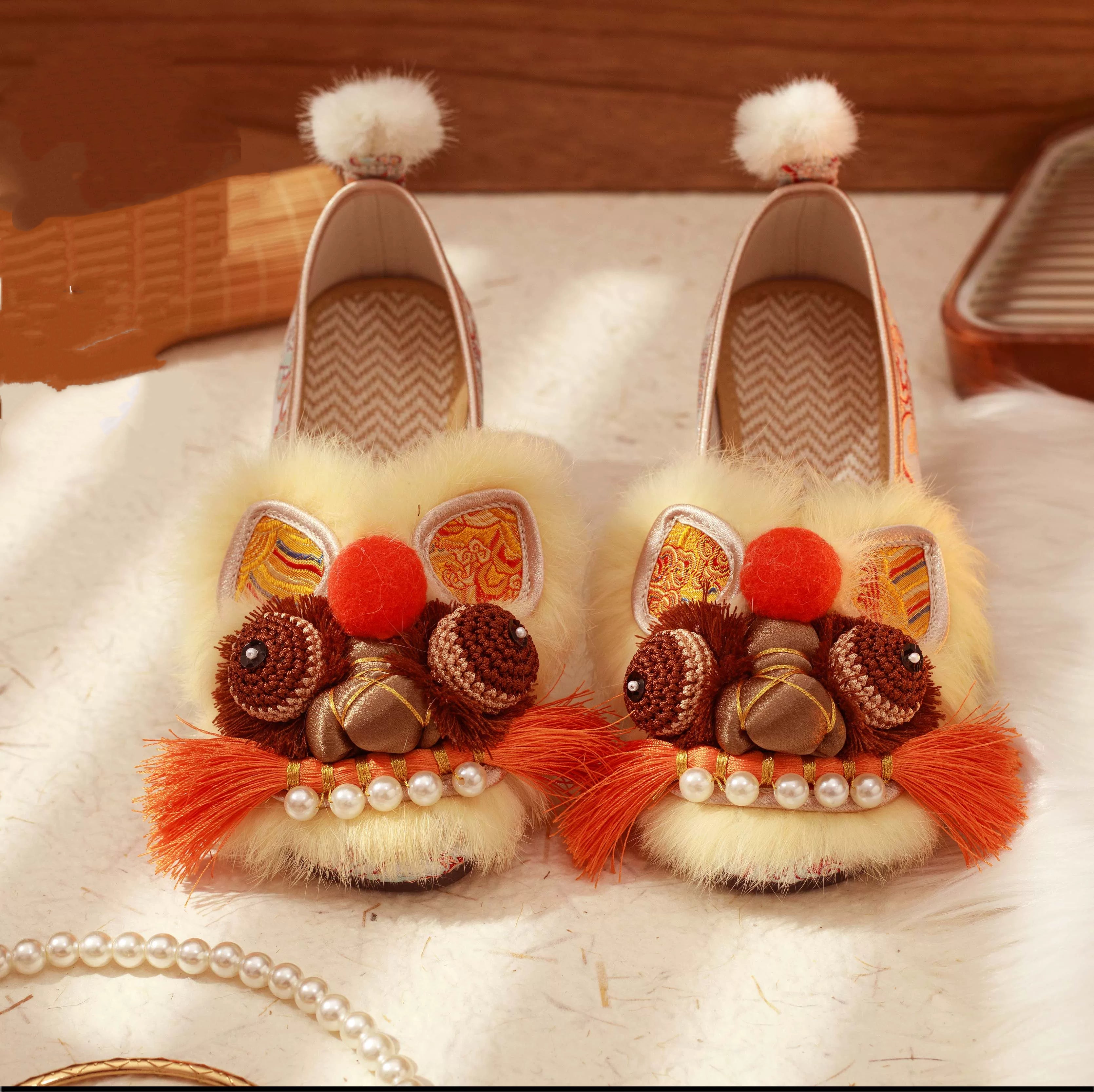 Lucky Tiger | Real Rabbit Fur Embroidered Shoes(福虎)