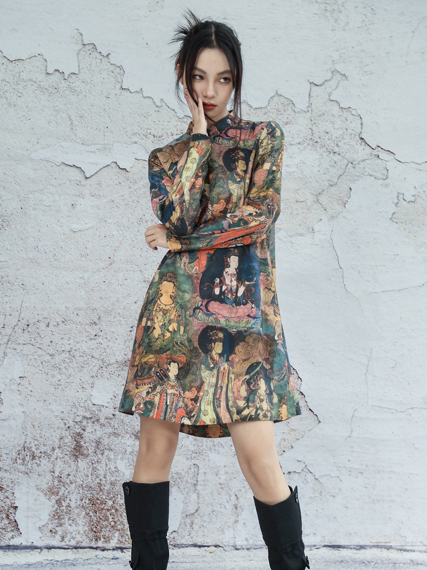 New Chinese Style Dunhuang Mural Prints Long Sleeve Cheongsam Dress