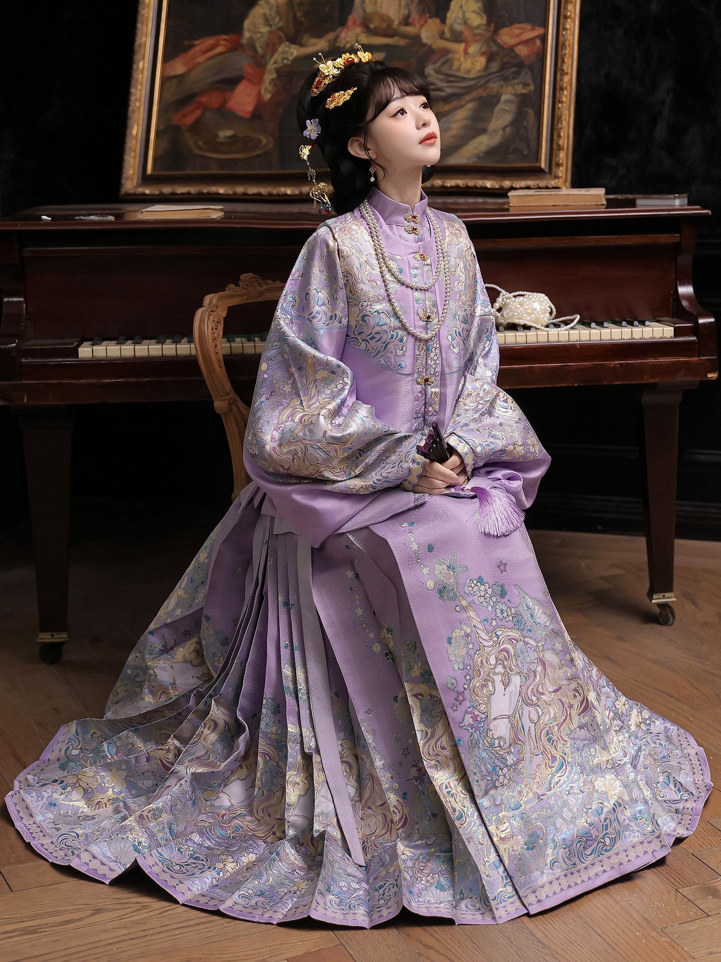Ming Dynasty Pastel Violet Mint Green Pipa Sleeve Top & Mamian Skirt | Menghuan 梦幻