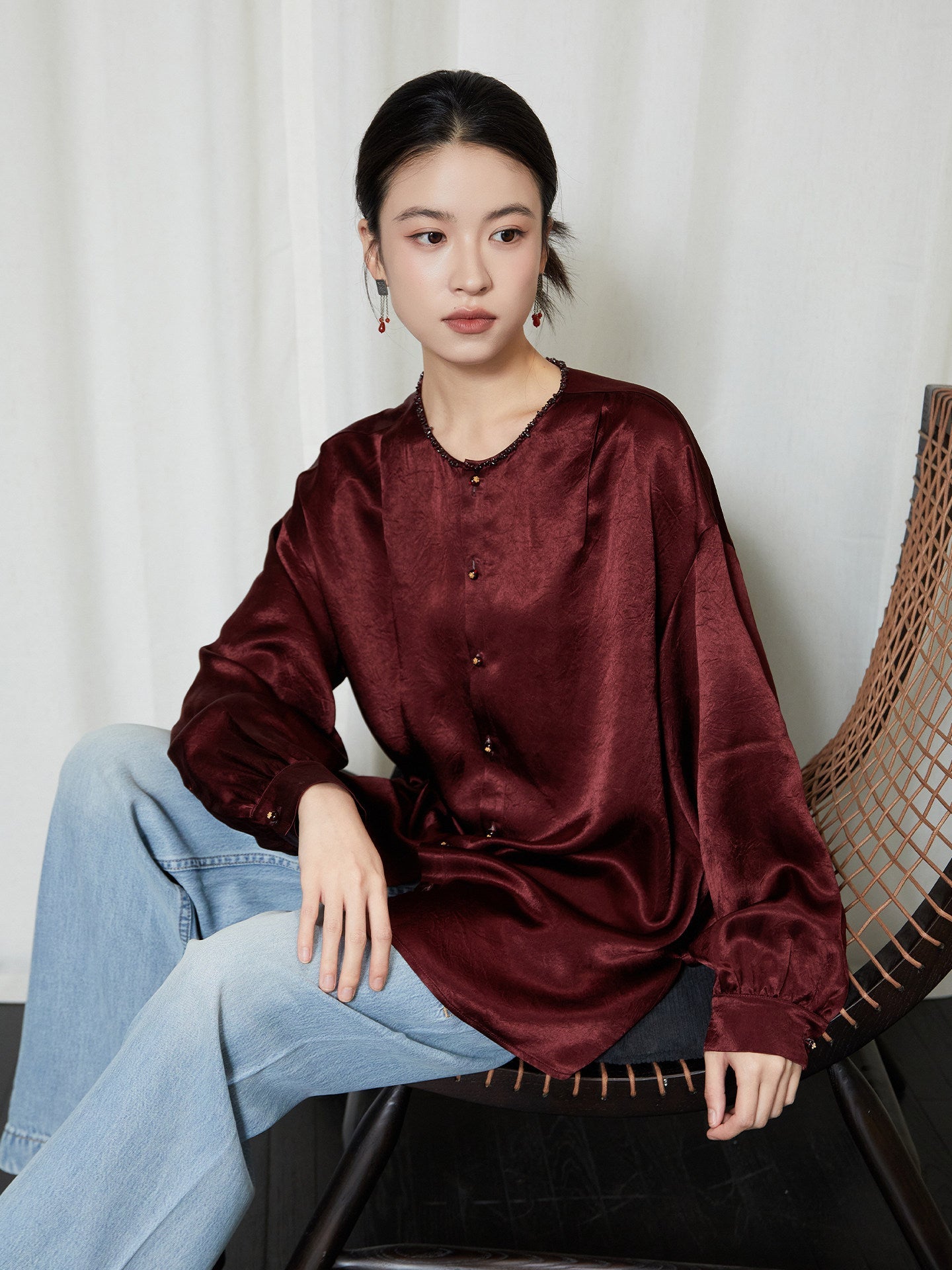 New Chinese Style Crew Neck Drape Shirt - Qinmo 琴默