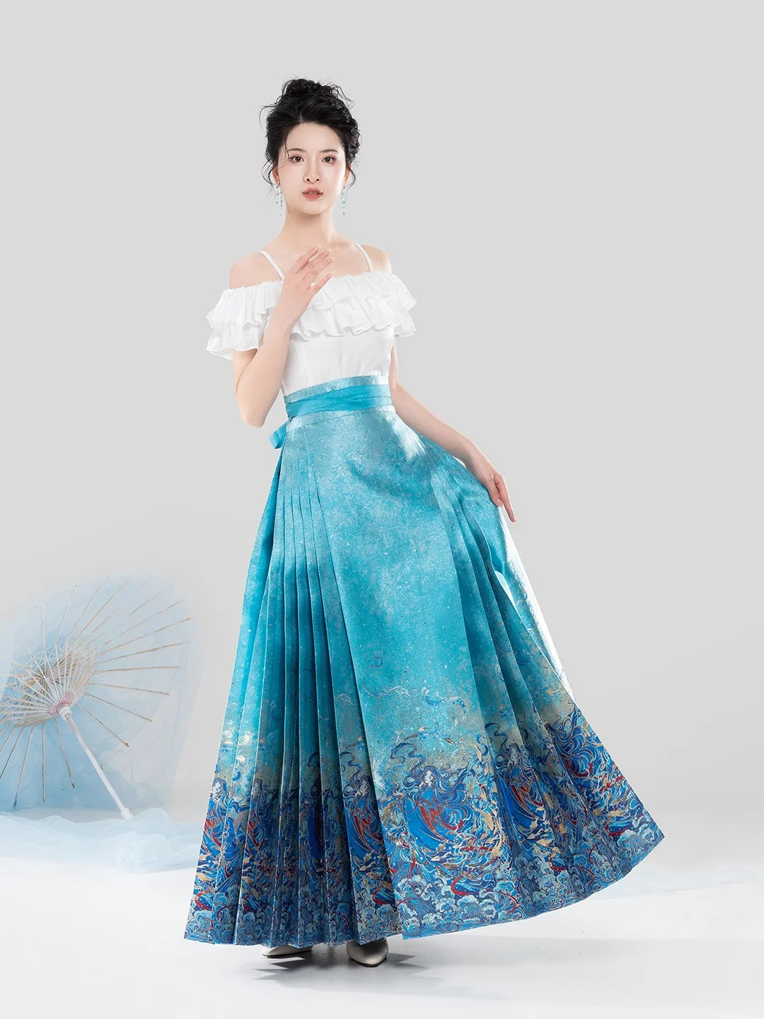 Chinese Off Shoulder Blouse & Mamian Skirt Outfit | Mermaid 五行水