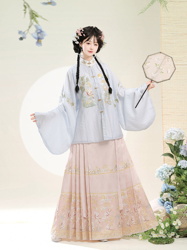 Ming Dynasty Pastel Embroidered Pipa Sleeve Top & Printed Mamian Skirt | Osmanthus Rabbit 桂花兔