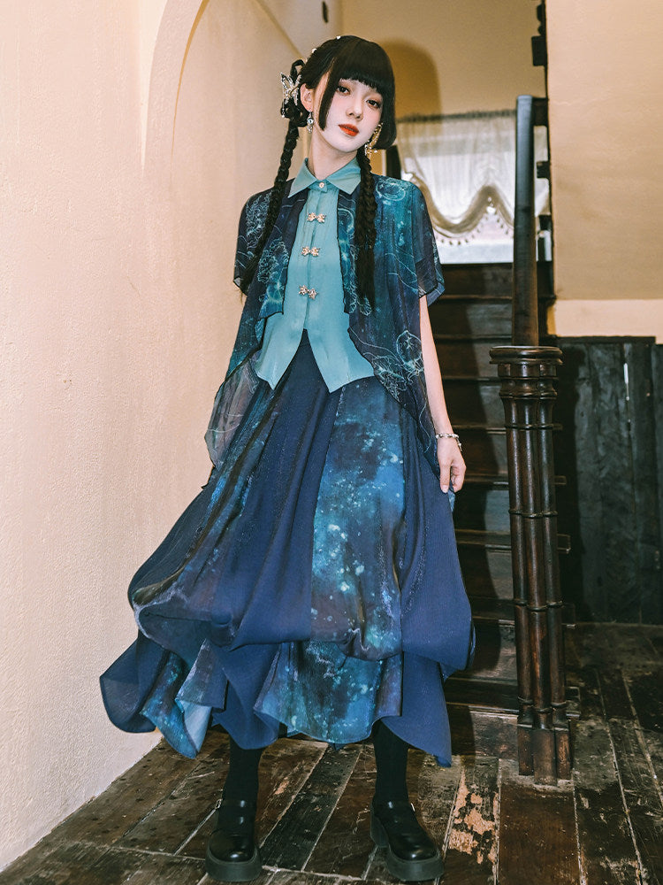 New Chinese Style Flower Bud Skirt - Floating Electric Jellyfish 蓝界浮荧
