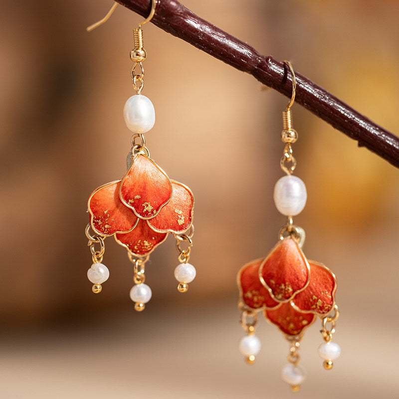 Scarlet Tassel Velvet Flowers Earrings | Hanfu Jewelry