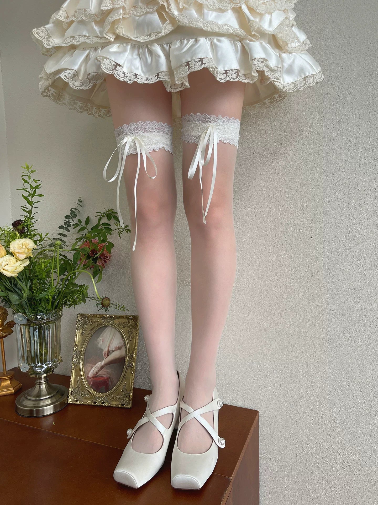 Lolita Over-the-Knee Stockings, Sheer Lace & Bow