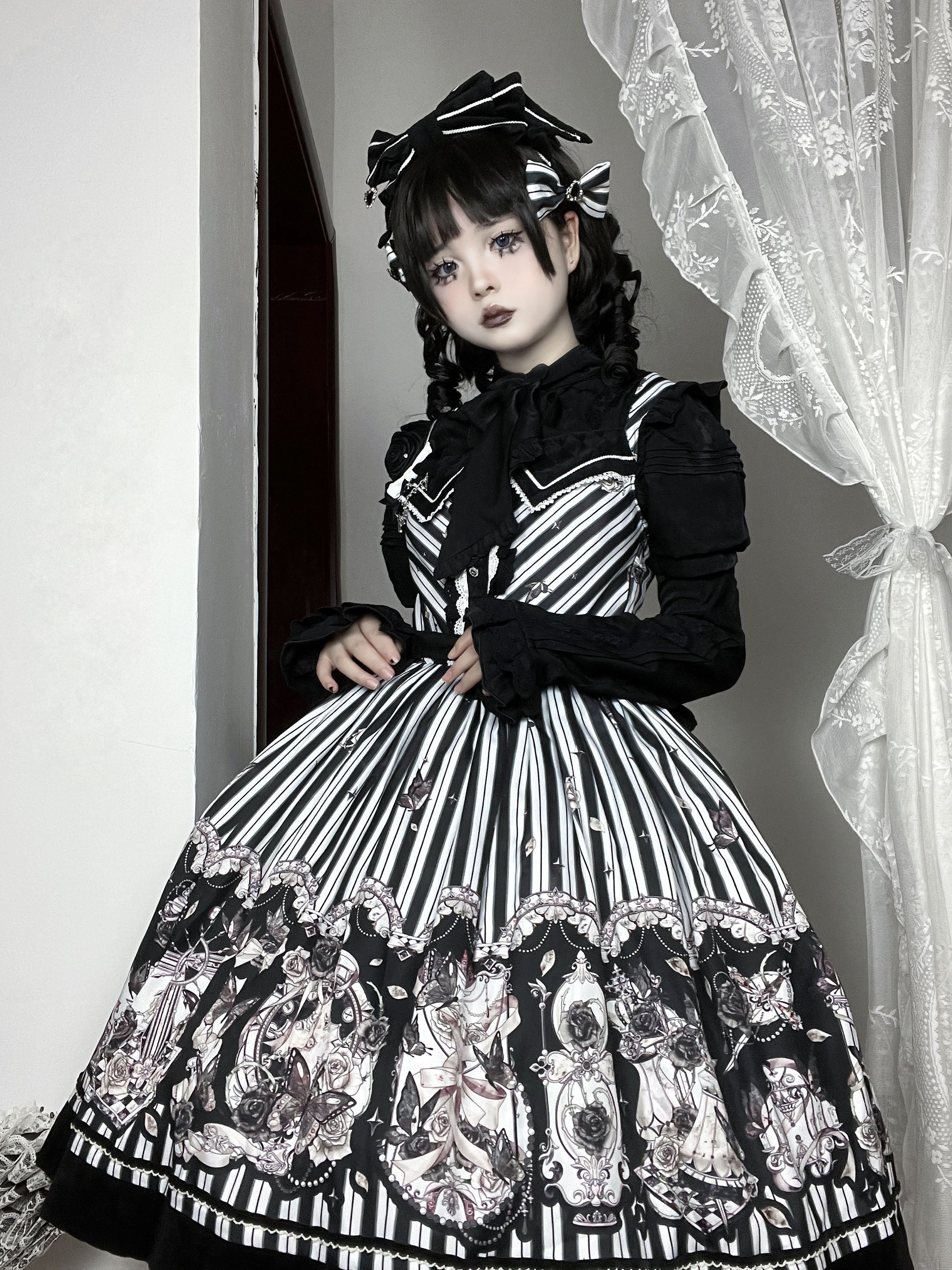 Gothic Lolita Black and White Striped JSK Set