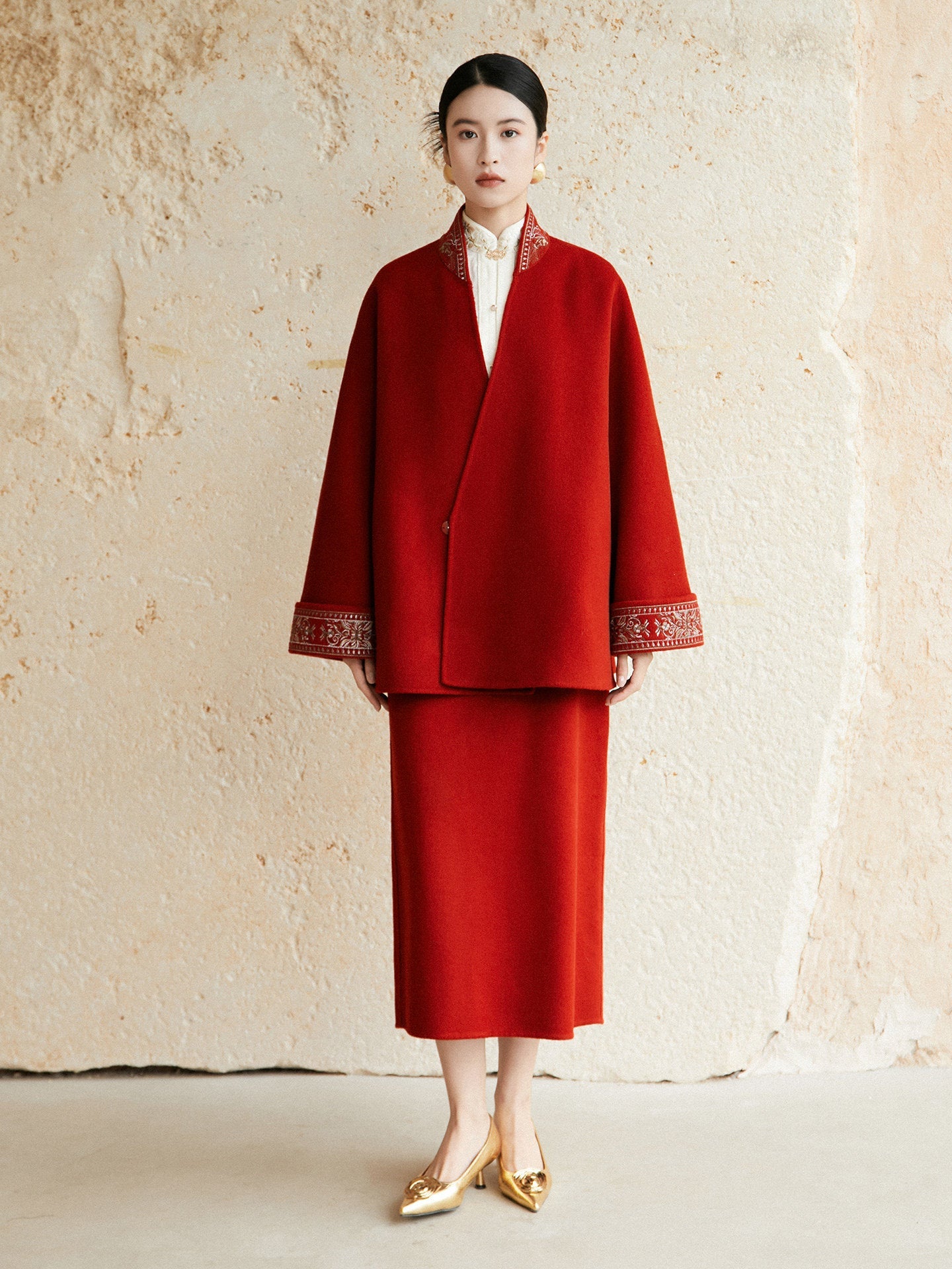Festive Hanfu Wool Coat for Engagement, Tea Ceremony or Chinese New Year - Jujube Red 岁丰