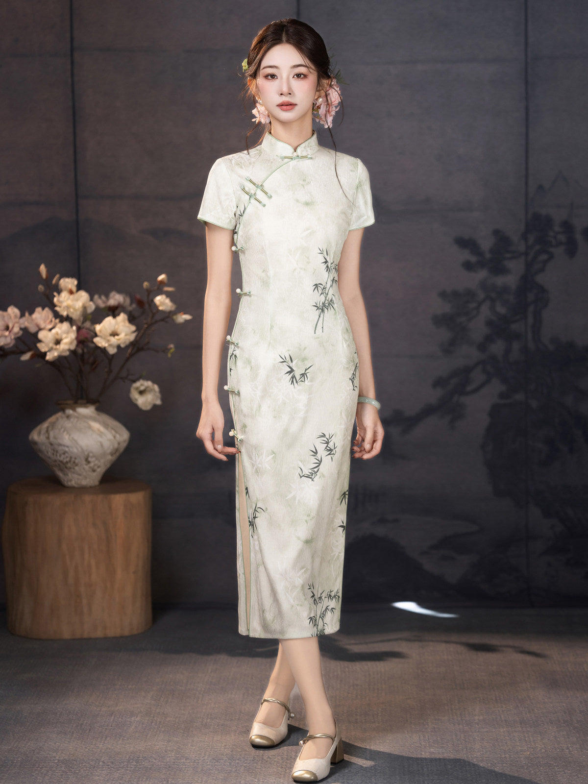 Short Sleeve Floral Midi Cheongsam | Ink