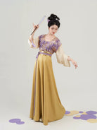 Tang Dynasty Modern Hanfu Set with Beizi Overlay & Flowing Eight-Panel Skirt - Taro Paste Egg Yolk 芋泥蛋黄 (Preorder)