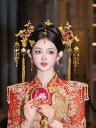 Eternal Veil - Golden Phoenix Bridal Hairpin with Forehead Pendant Chinese Wedding Headpiece
