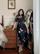 Xixue Gui 吸血鬼 Vampira Plus Size Modernized Sheer Embroidered Floral Short Sleeve Qipao