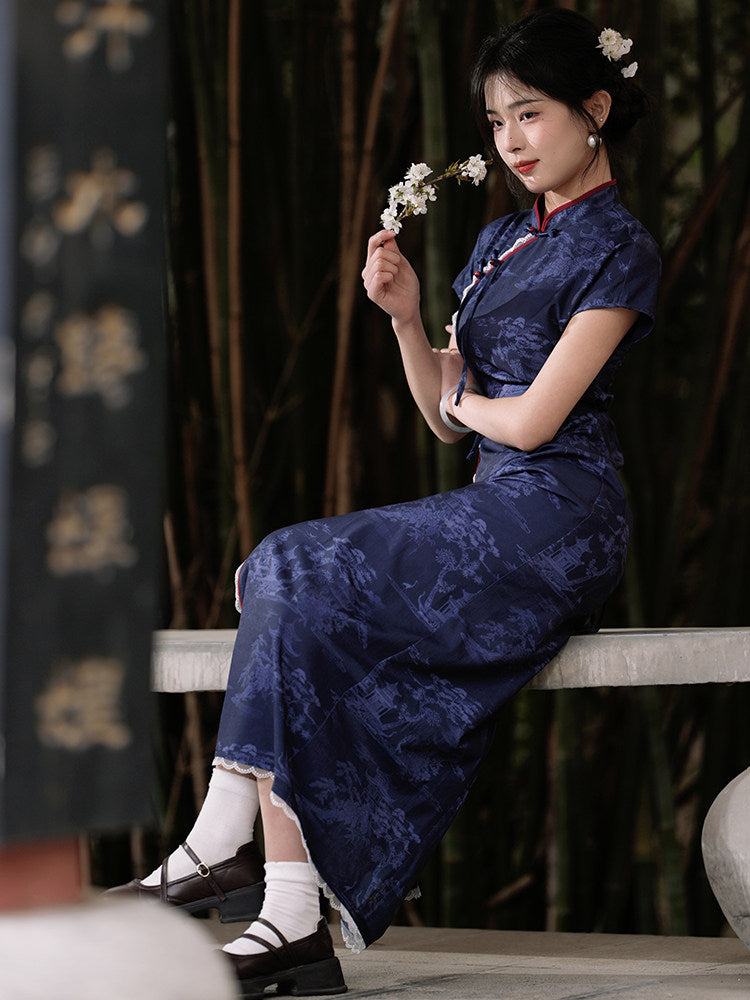 Short Sleeve Floral Long Cheongsam | Hengqing