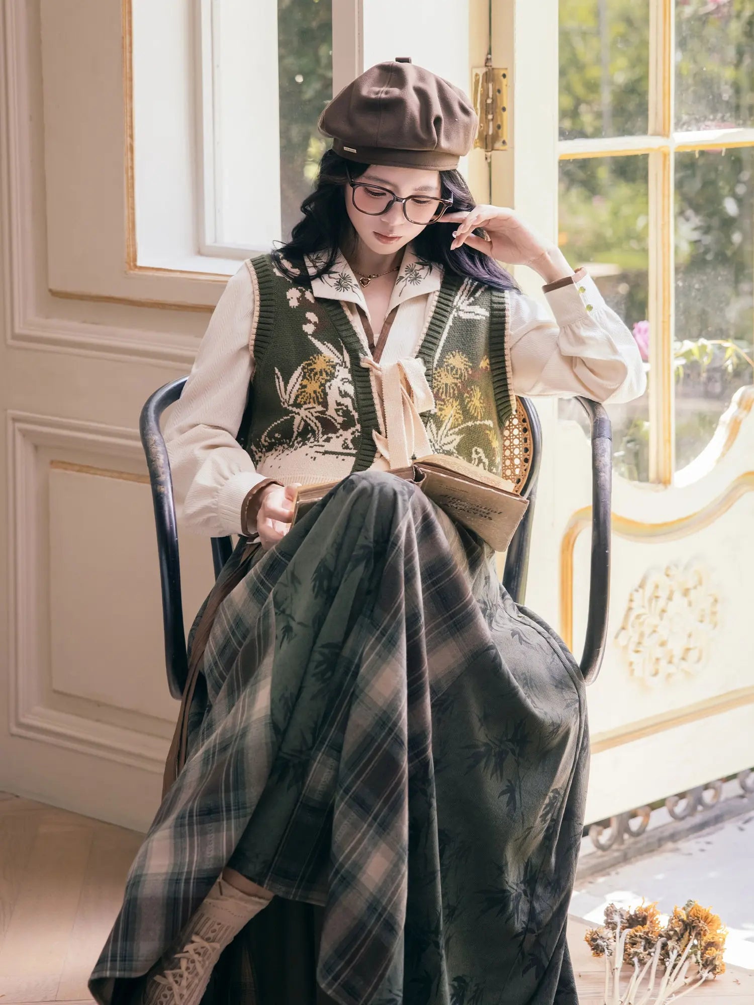 New Chinese Garden Style Knit Vest Top and Skirt - Suihan 岁寒三友