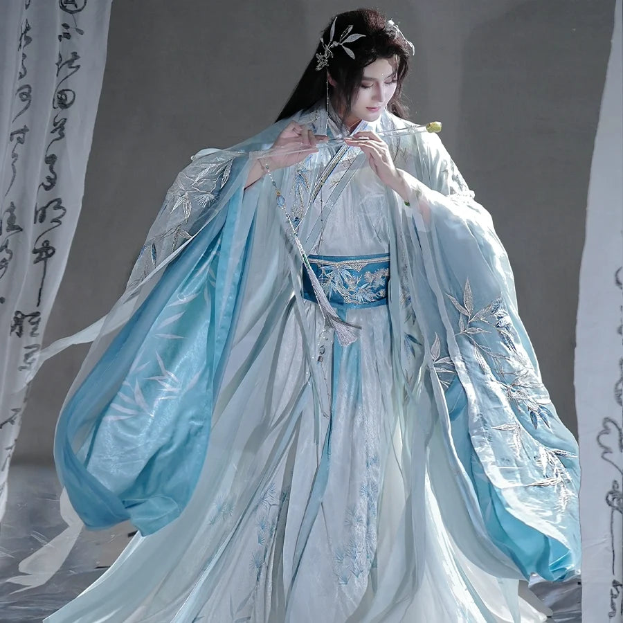 Winters Noble Trio 岁寒三友 - Blue Flowing-Sleeve Cross-Collar Hanfu for Men (Preorder)