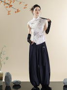 New Chinese Style Asymmetric Mandarin Collar Top & Denim Saber Pants Set