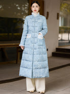 Pine Smoke 松烟客 - Sky Blue Down Coat for Women with Frog Buttons, Qipao-Inspired Winter Outerwear