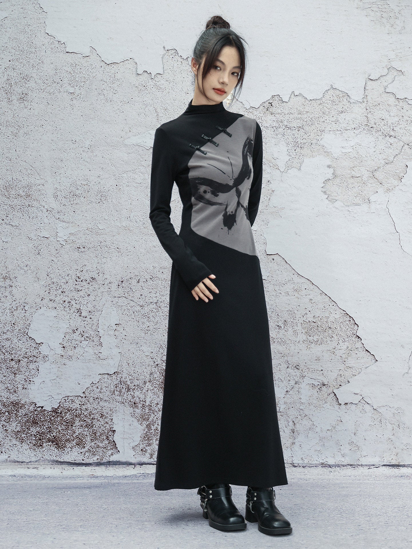 New Chinese Style Retro Ink Butterfly Print Long Sleeve Dress